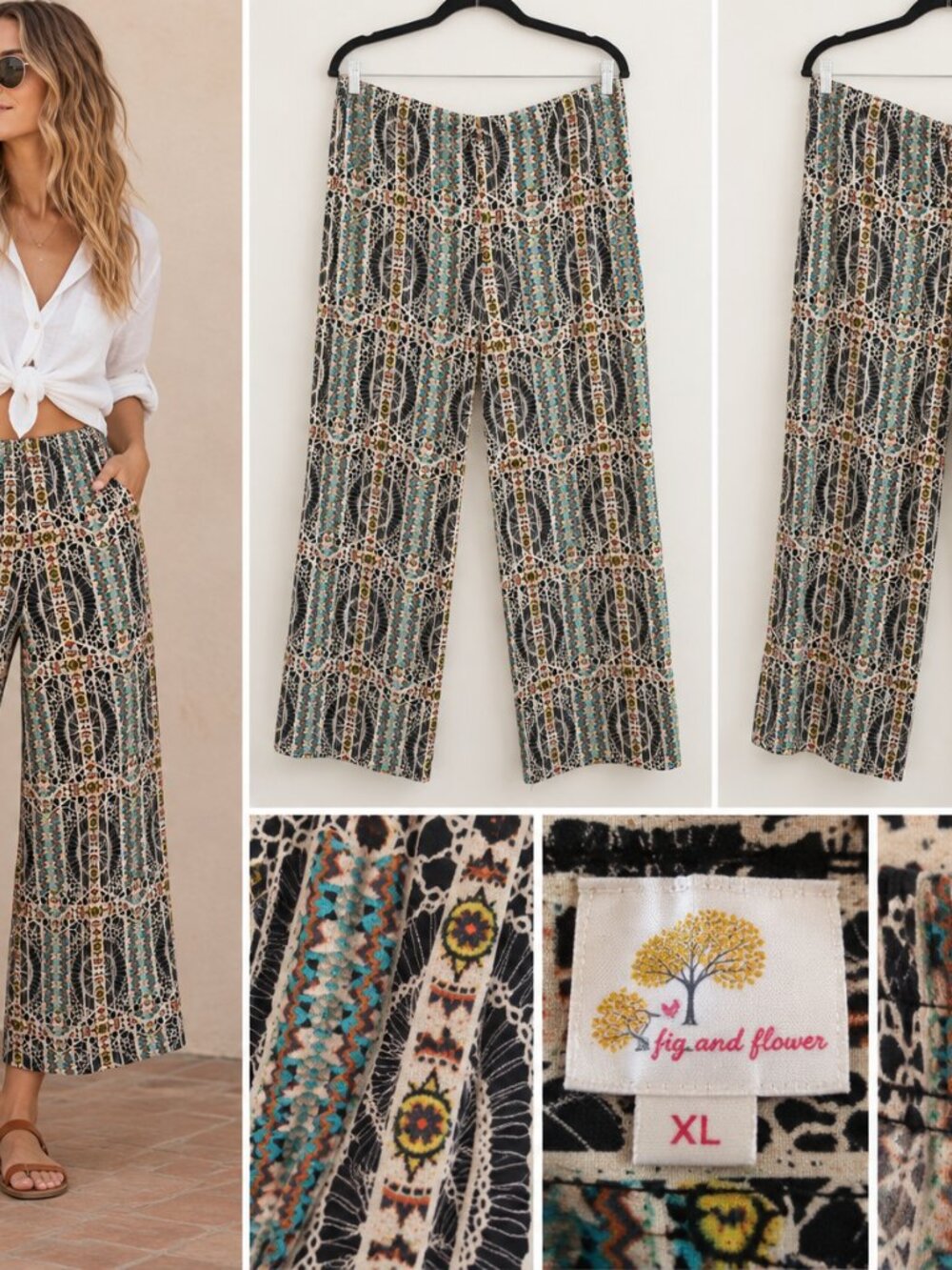 Fig and Flower XL Palazzo Pants Boho Geometric Print Wide Leg Flowy Stretch
